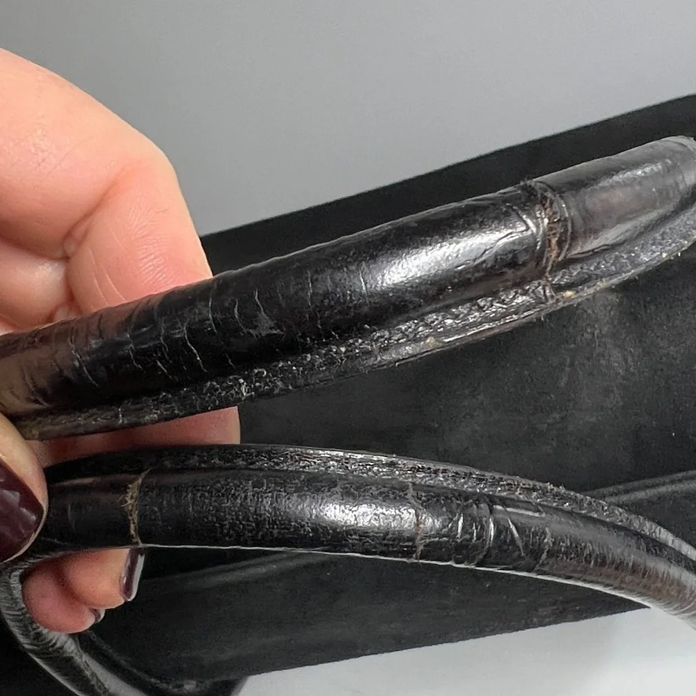 Escada Black Croc Embossed Leather Suede Pocket Structured Satchel Tote Bag